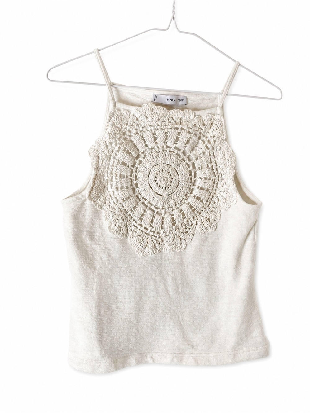 MNG Mango White Crochet Medallion Applique High Neck Tank Top